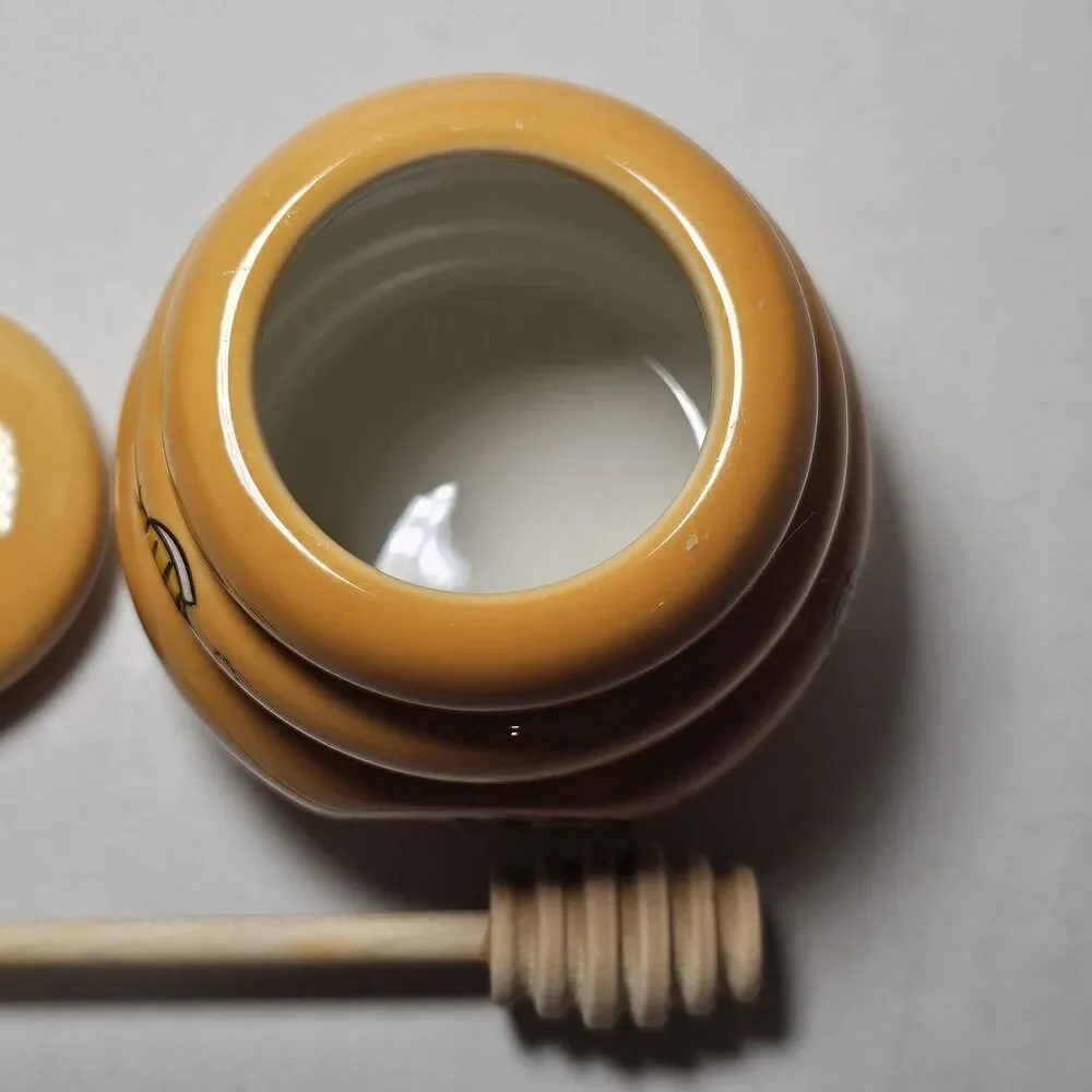 Mini Honey Pot Ceramic Jar & Wood Dipper Beehive with Bee Honey Miel